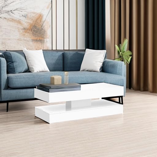 Uspeedy 47.3IN High Glossy LED Coffee Table,APP LED Lights,Black/White, Modern Furniture for Living