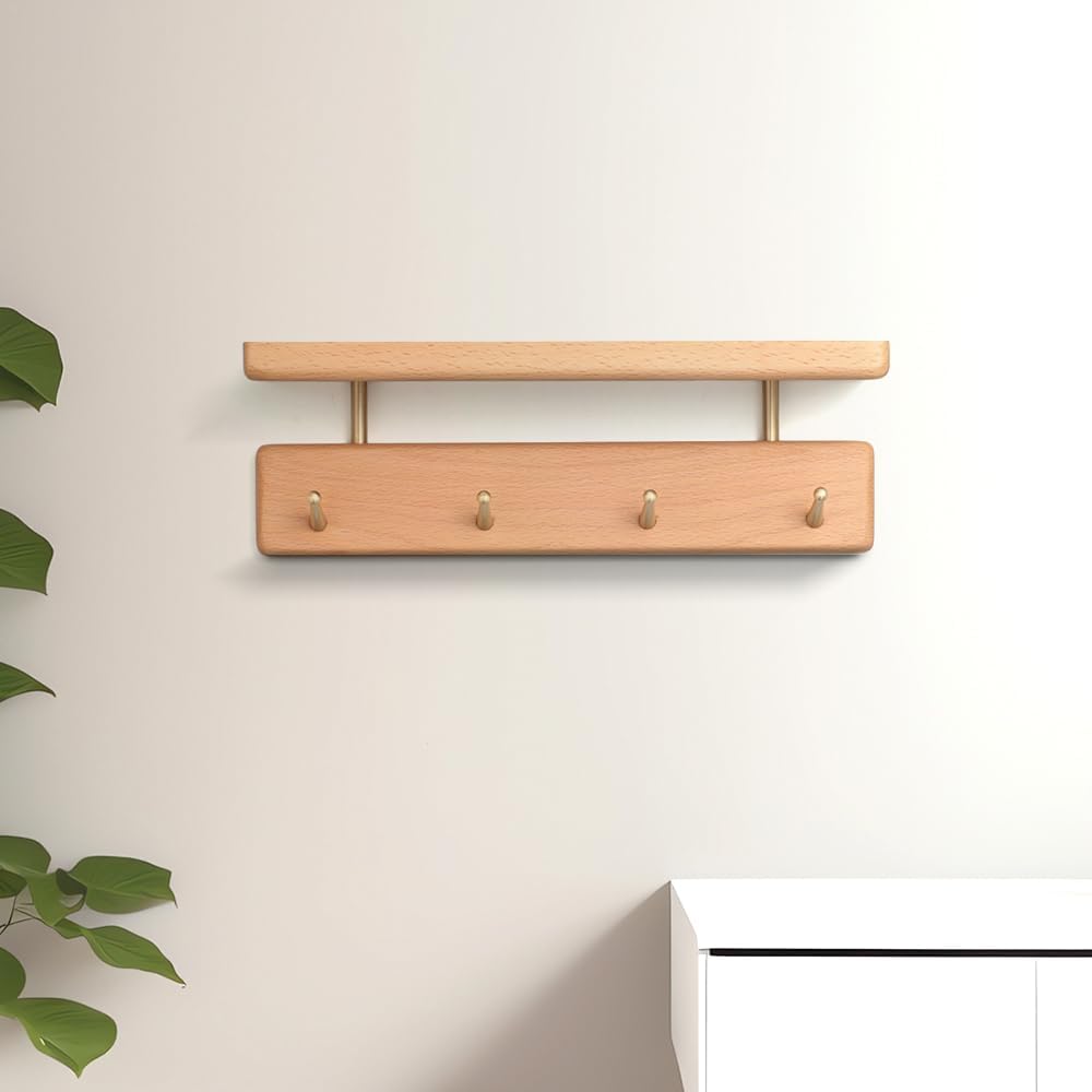 Shelf with Hooks, Solid Wood Bedroom Shelves for Wall, Wooden Coat Rack Wall Mount for Bathroom