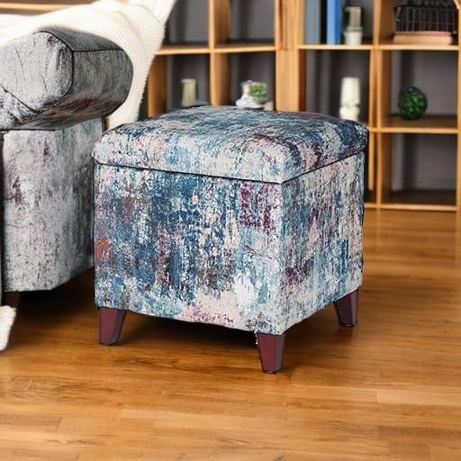 Adeco 18 Inch High Cube Ottoman Storage, Linen Chair Foot Stools, Upholstered Vanity Stool with