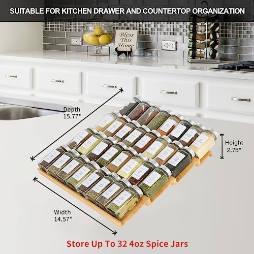 Spice Drawer Organzier,4 Tiers Bamboo Spice Rack Tray Insert for Cabinet Drawer Countertop, Kitchen
