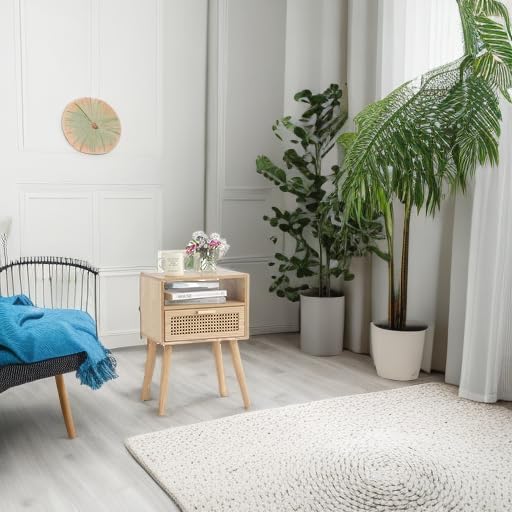 MaxSmeo Modern Nightstand Rattan Side End Table with Storage, for Living Room, Bedroom and Small