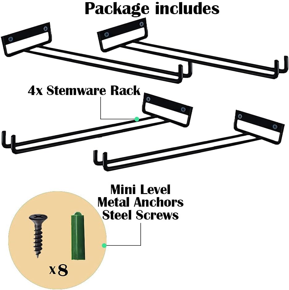 4 Packs 12 Inch Wine Glass Racks Cup Wall Mounted Stemware Hanging Wine Glasses Holder Under