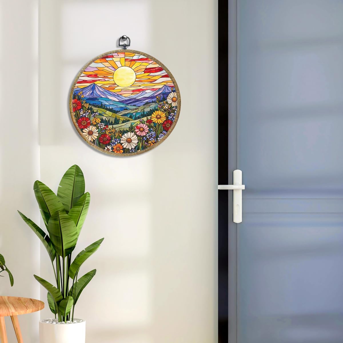 Wildflowers Sunset Flower Floral Garden Decor, Gift for Mom, Nature Lover Gift Framed Round Wall