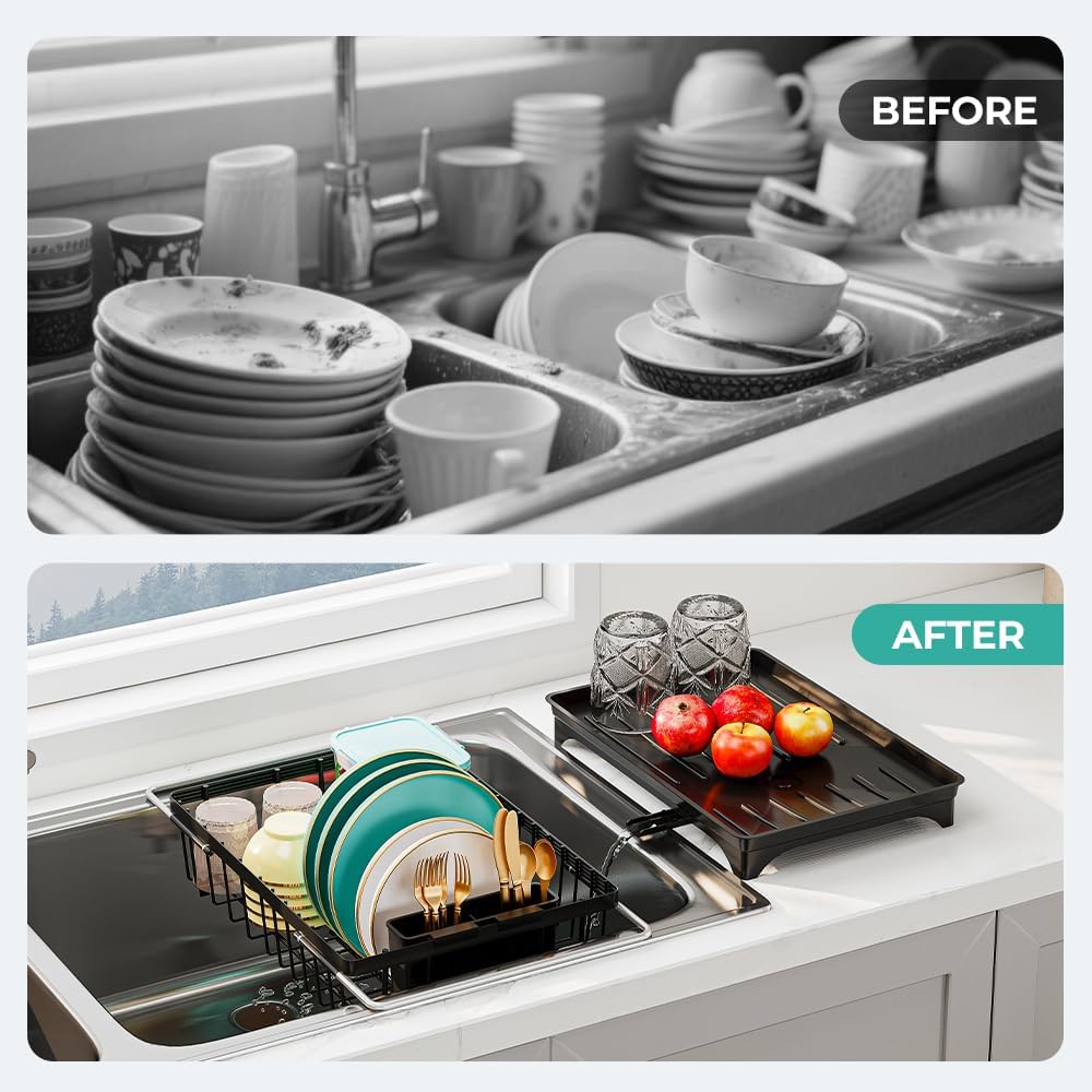 Expandable Dish Drying Rack in Sink, Adjustable Stainless Steel Rustproof Grip Handles Dish Rack