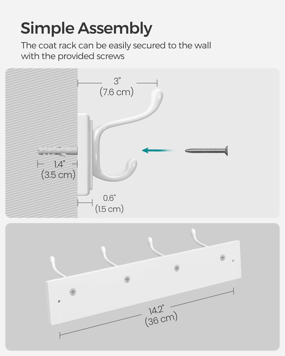 SONGMICS Wall-Mounted Coat Rack, Hook Rack, 8 Dual Metal Hooks, White