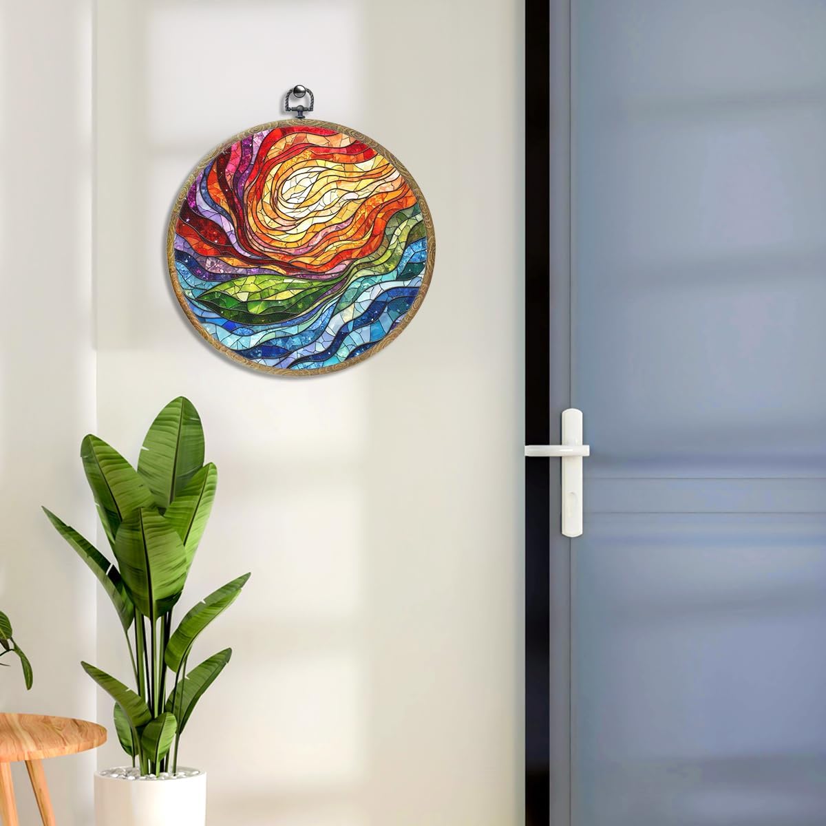 Colorful Boho Rainbow Geometric Spiral Sun Art Gift Framed Round Wall Decor Canvas Wall Art Hanging