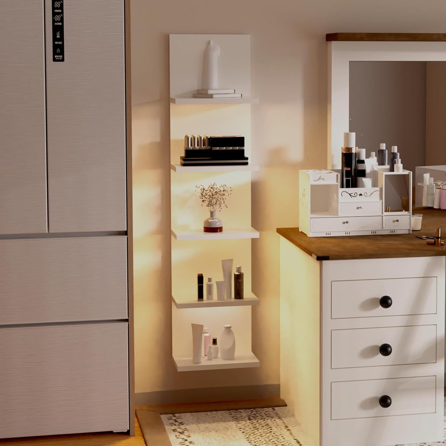 5 Tier Wall Shelf with Light, White Modern Vertical Lack Wall Shelves, Wall Mount, Floating Column