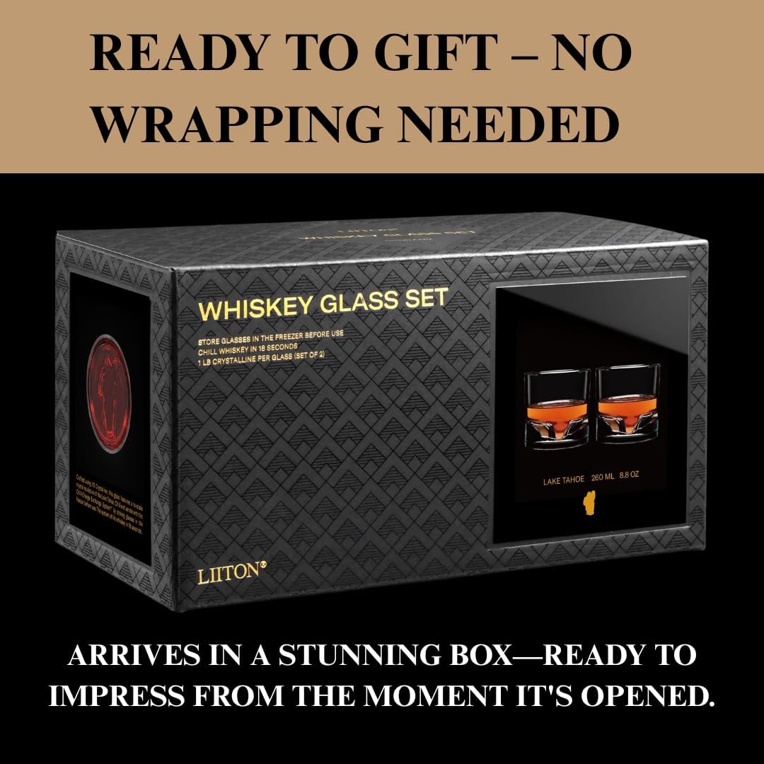 Lake Tahoe Heavy Crystal Whiskey Glasses Gift Set of 2, Thick Freezable Bourbon Glass 1lb Each