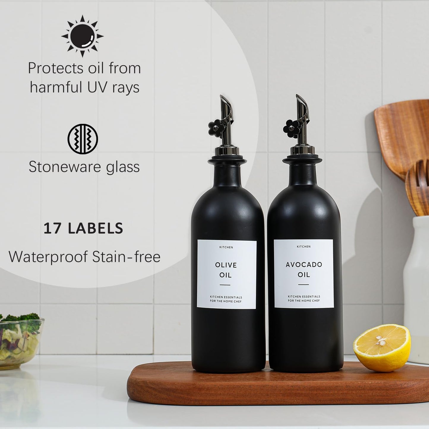 HOMCDALY Olive Oil Dispenser for Kitchen, 16oz Glass Oil Bottles with Bamboo Tray, Black