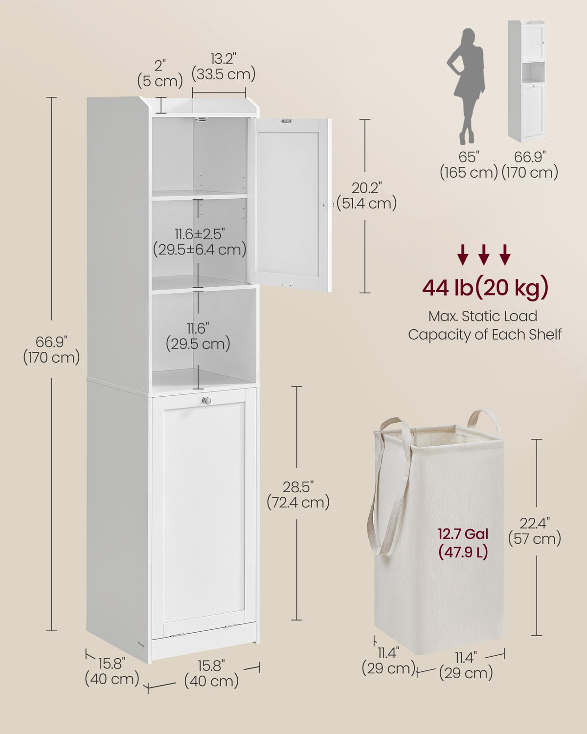 VASAGLE Tall Storage Cabinet, Storage Unit with Removable Laundry Basket, Compartment and Cabinet