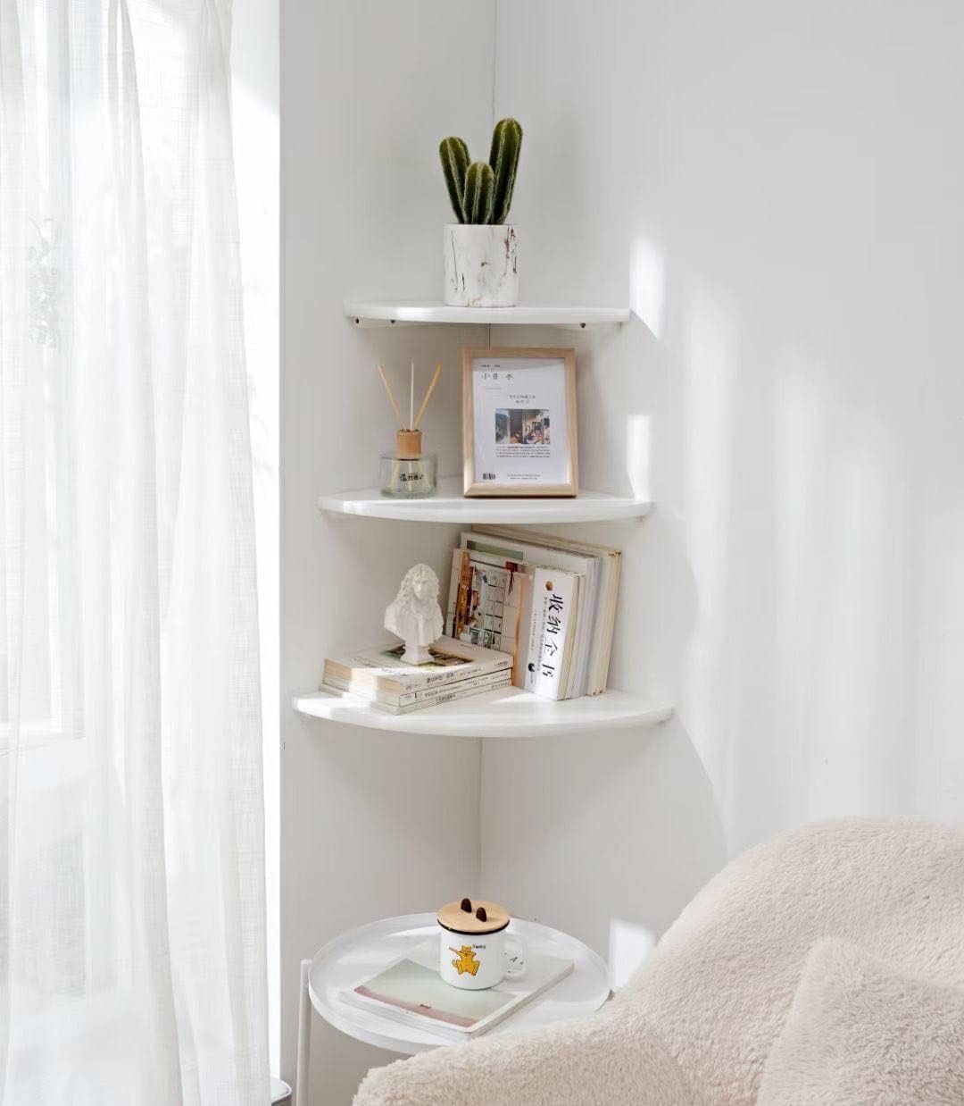 Corner Wall Shelves, White Floating Corner Shelf, Set of 2 16inch Solid Oak Wood Shelves, Round End