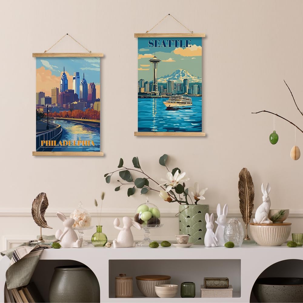 WREVERW Vintage Philadelphia Poster Canvas Print with Wooden Hanger Frame, Featuring Skyline and