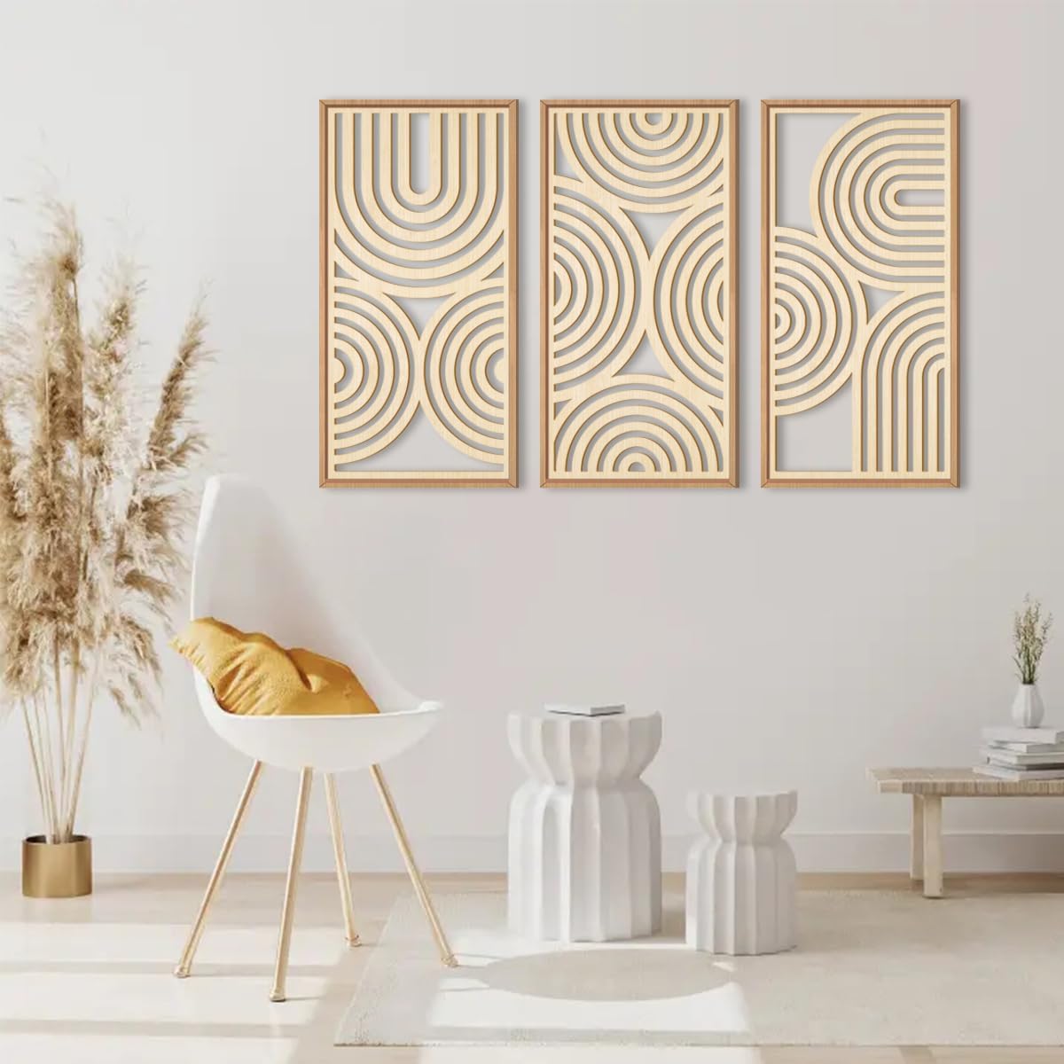 IARTTOP Large Boho Wood Wall Art Set of 3 Framed Wooden Mid-century Modern Wall Decor Minimalist
