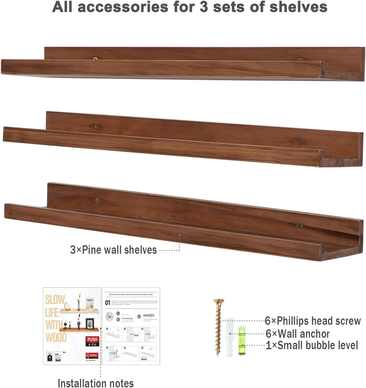 AZSKY Floating Photo Shelves Fair Light Walnut 24 Inch Picture Ledge for Storage Wall Book Shelves
