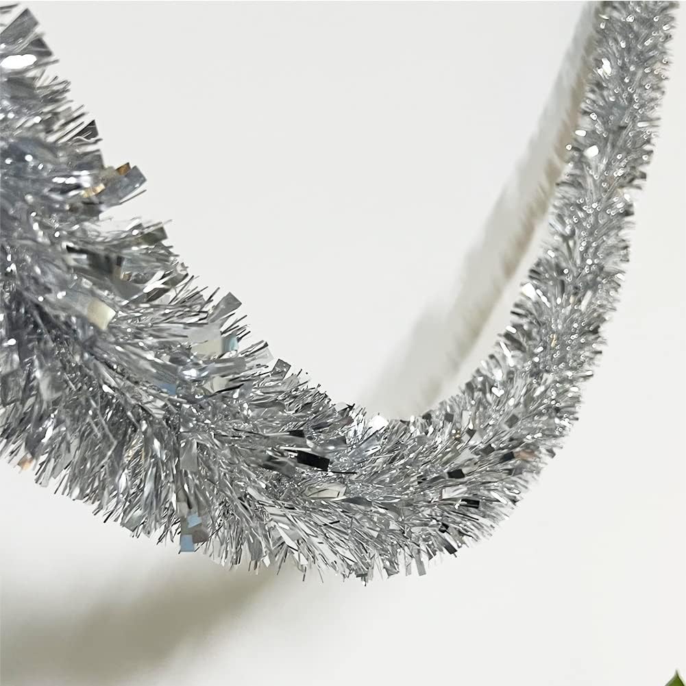 25 ft Long Roll Silver Tinsel Twist Garland, Shiny Metallic Foil Decorations for Parade Floats