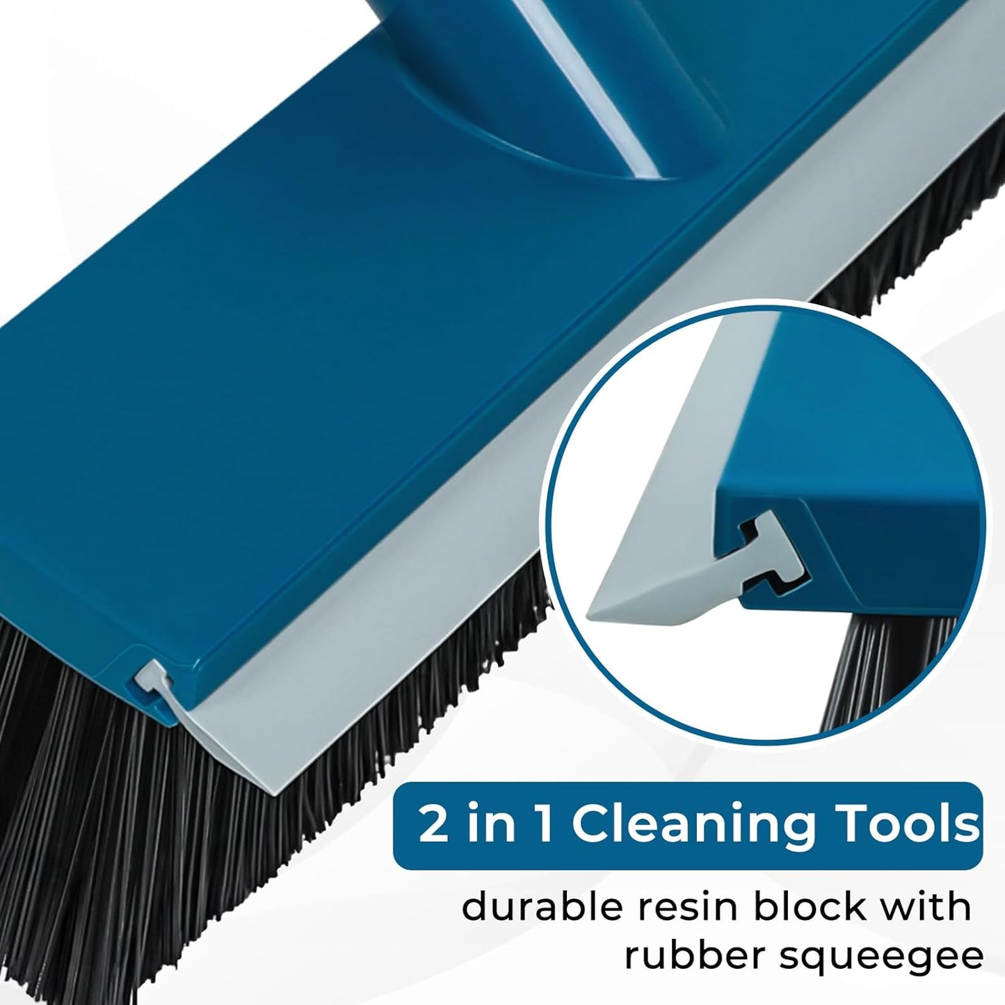Stiff Bristle Deck Brushes for Scrubbing Heavy Duty with Rubber Scrape Squeegee, 55” Long Handle