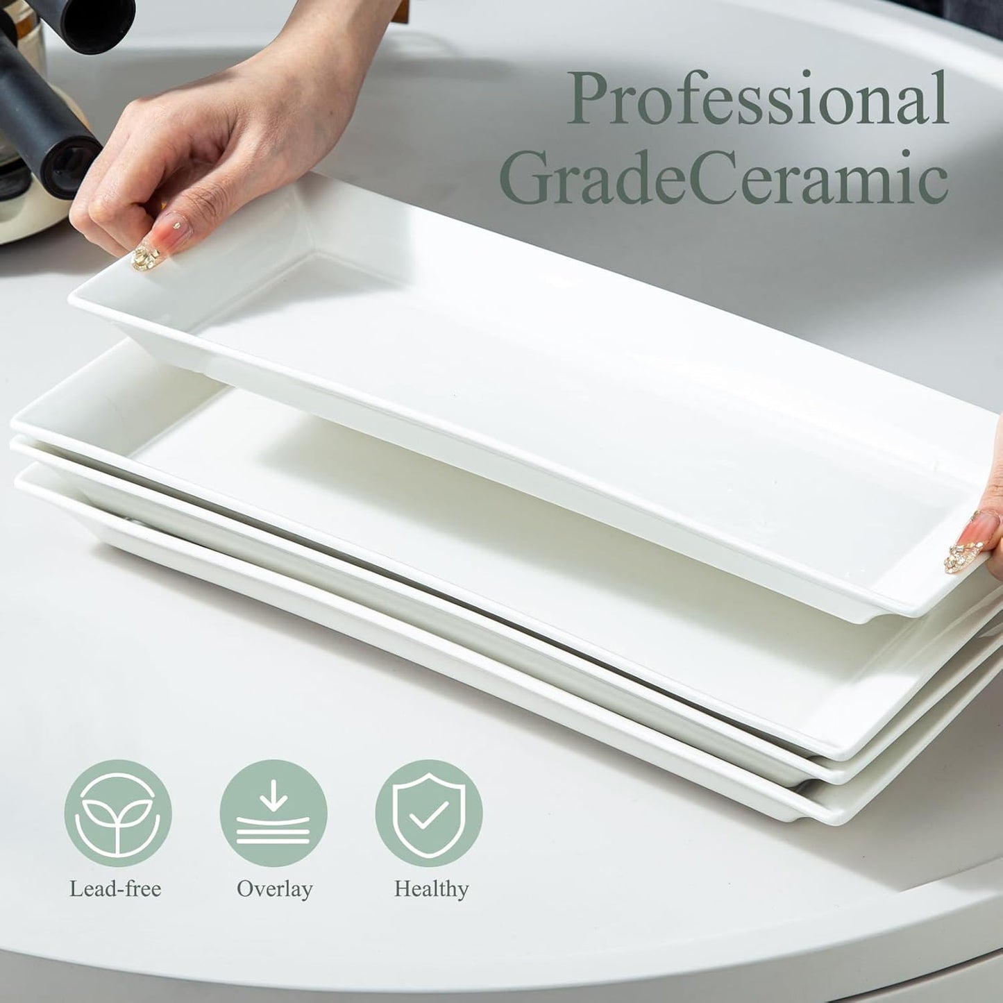 Rectangular Ceramic Serving Platters Set of 4, 14 inch Large Porcelain Serving Plates, White
