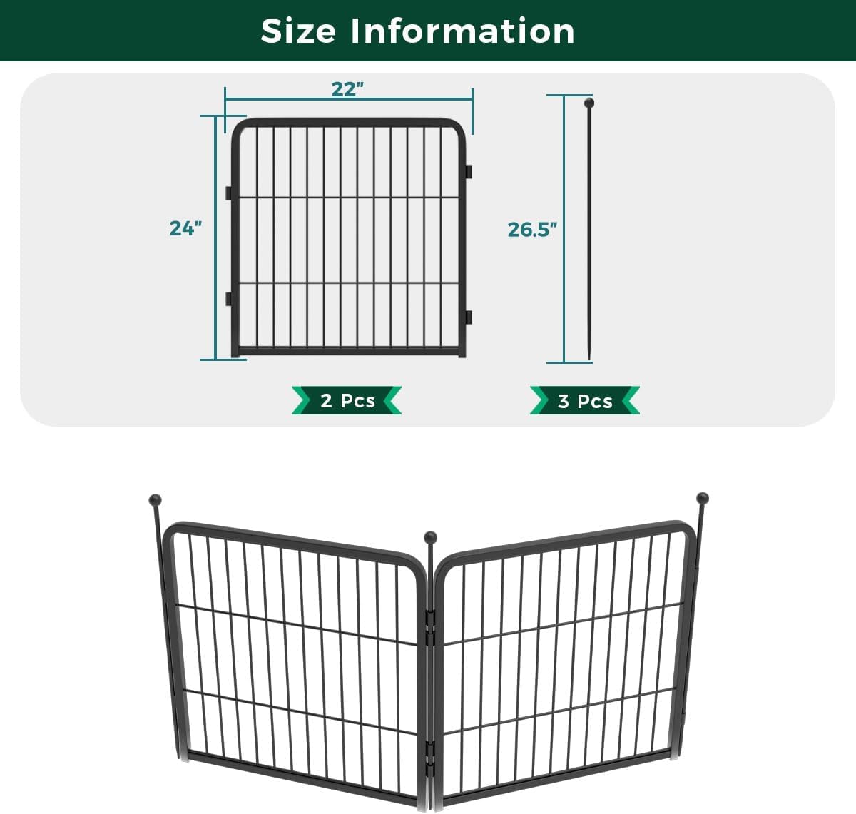FXW Garden Fence Outdoor for The Yard – 24in(H) x 3.7ft(L) Heavy Duty Metal Animal Barrier for Dog