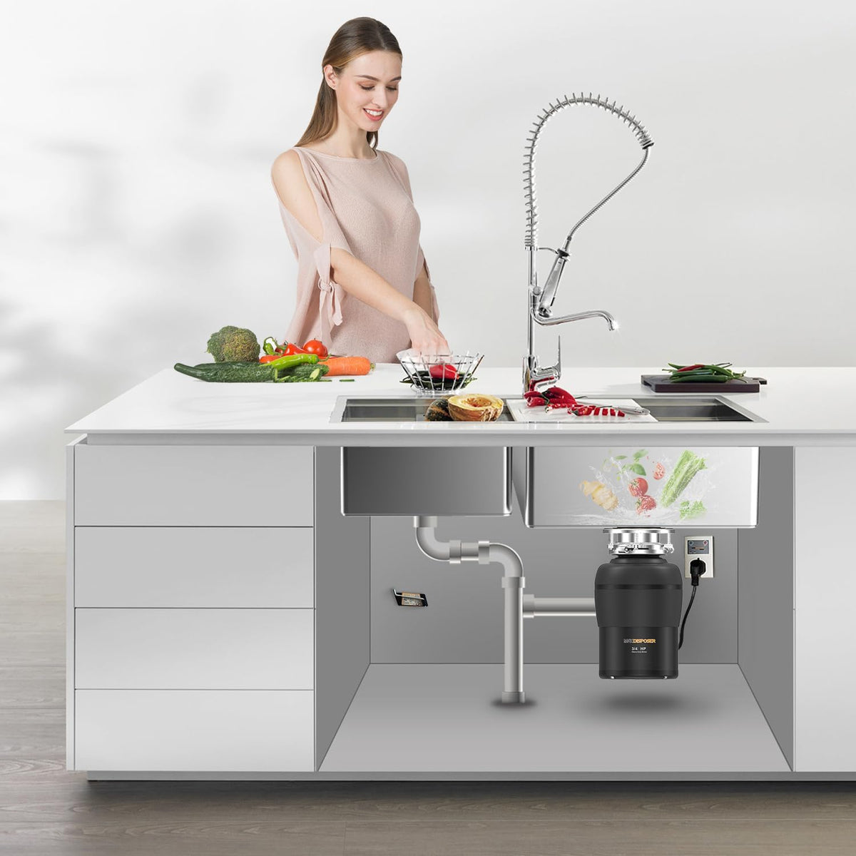 Garbage Disposal 3/4 HP for Kitchen sink Quiet with Stopper Power Cord, Easy install, Continuous