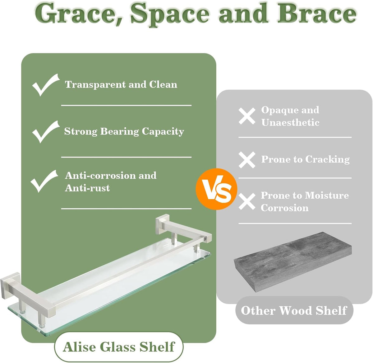 Alise Bathroom Shelves,Brushed Nickel Glass Shelf for Bathroom, Modern Floating Shelves,20 inch