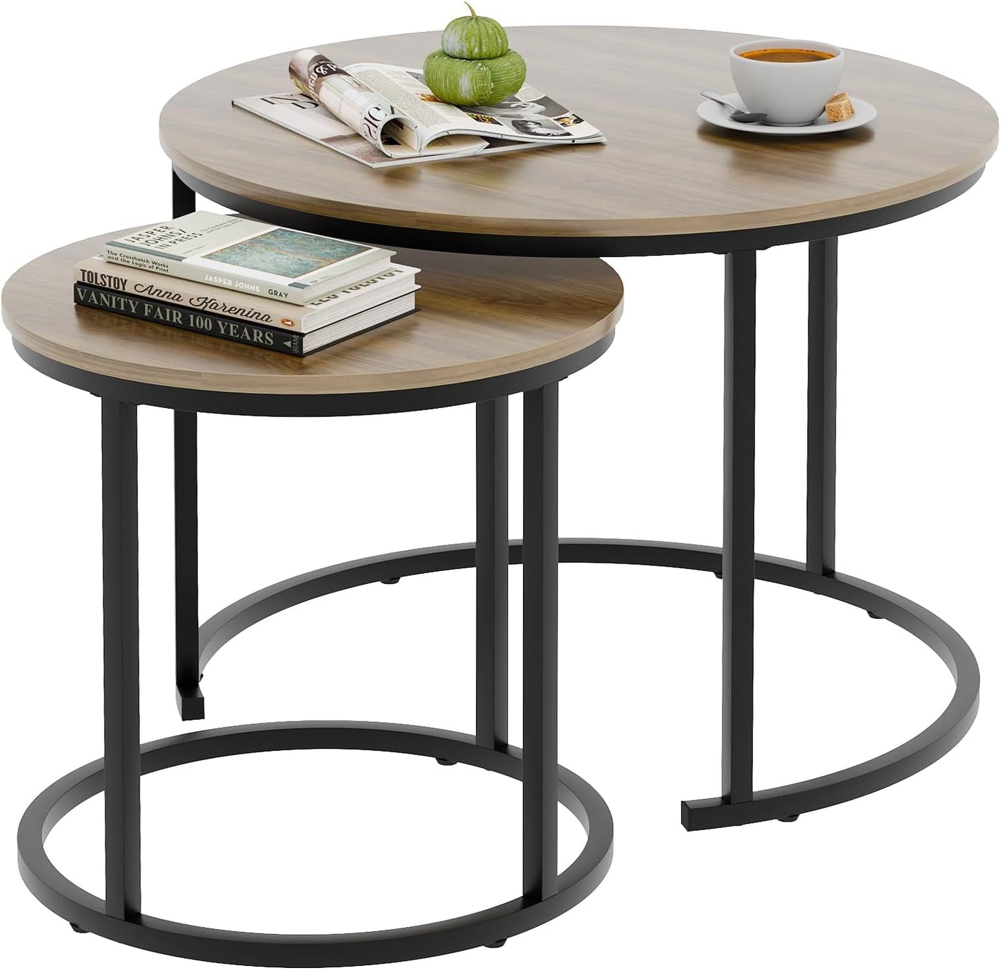 aboxoo Coffee Table Nesting Side Round Table Set of 2 End Table with Sturdy Metal Frame for Living