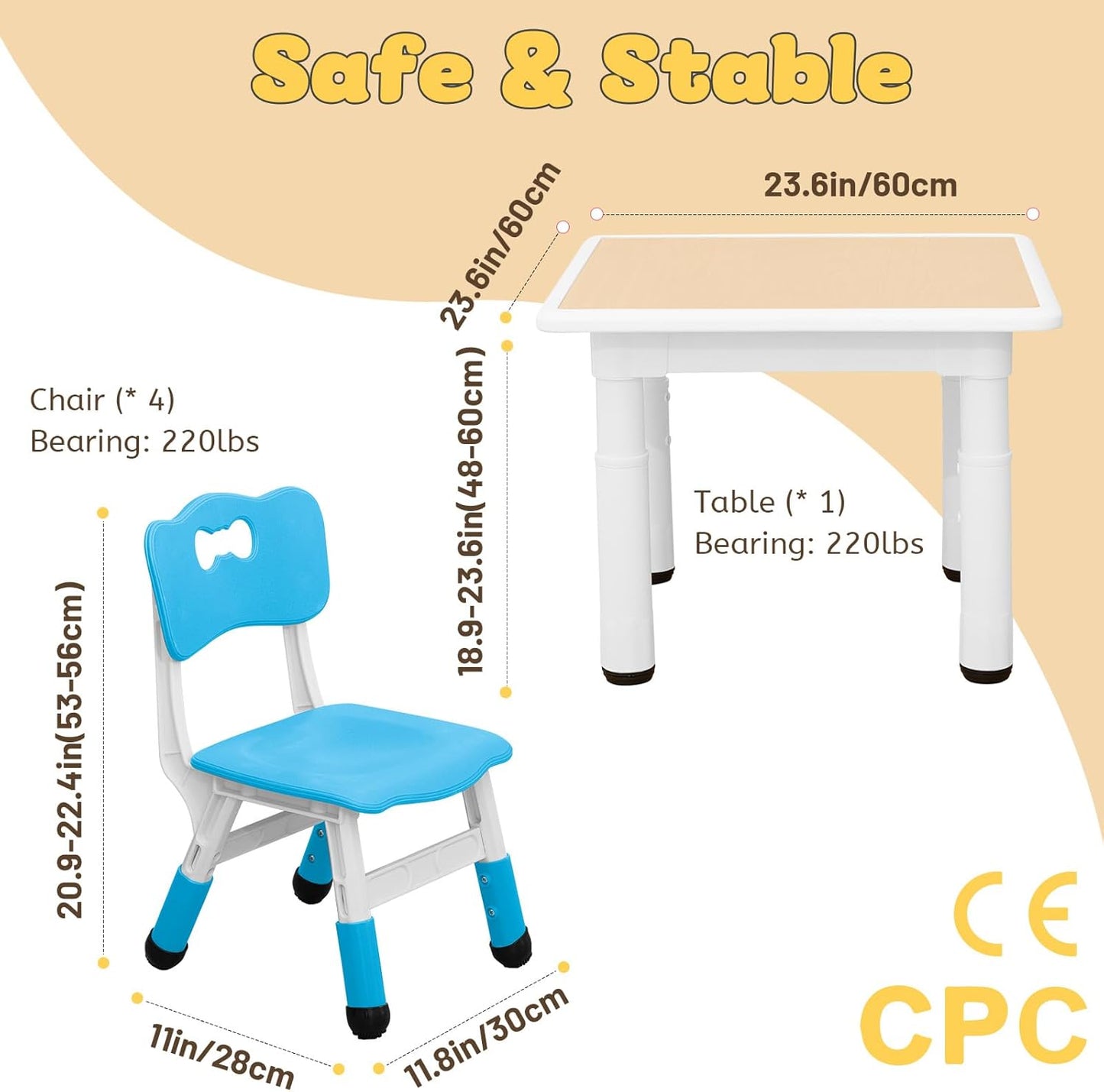FUNLIO Kids Table and 4 Chairs Set for Ages 3-8, Height Adjustable Toddler Table and Chair Set