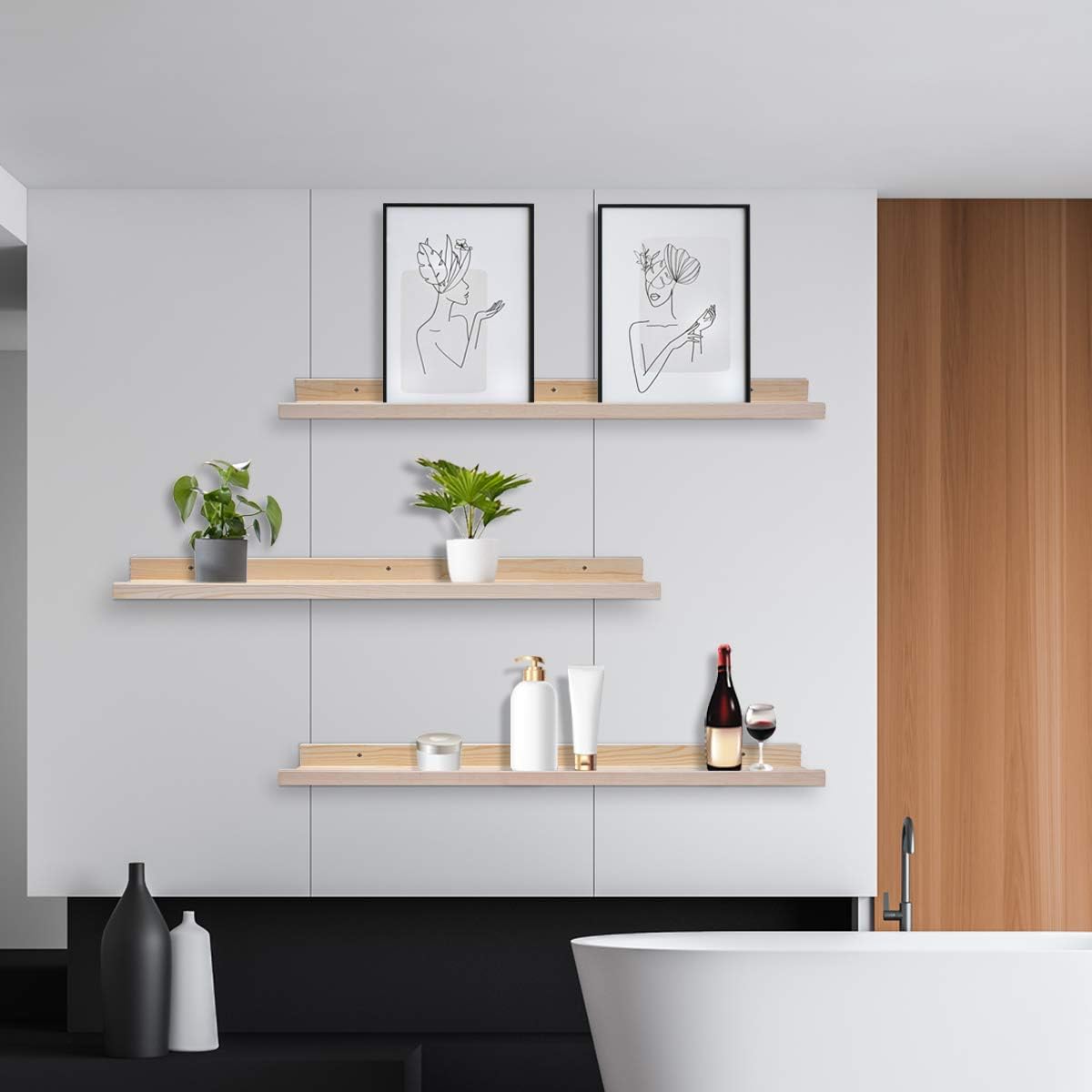 AZSKY 36 Inch Picture Ledge Shelf Solid Wood Large Floating Shelves Wall Mounted Rustic Natural