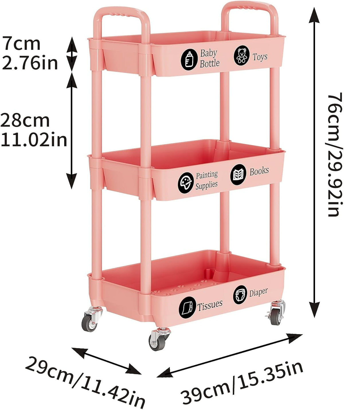 Laiensia 3-Tier Rolling Cart with Wheels,Multifunction Utility Storage carts, Kitchen Storage