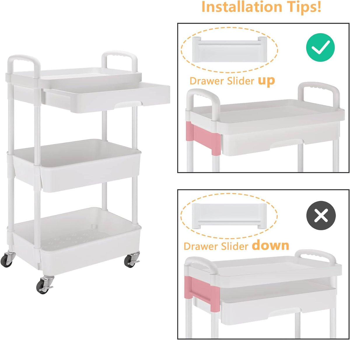 Calmootey 3-Tier Rolling Utility Cart with Drawer,Multifunctional Storage Organizer with Plastic