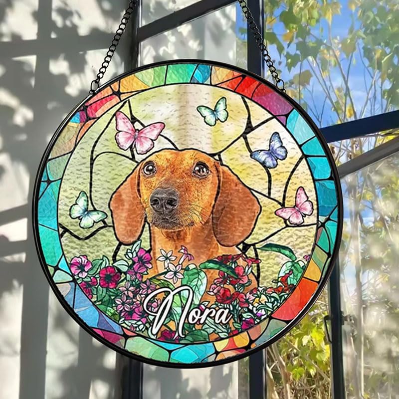 Personalized Stained Glass Window Hanging with Pet Name, Custom Memorial Gift for Dog Lovers