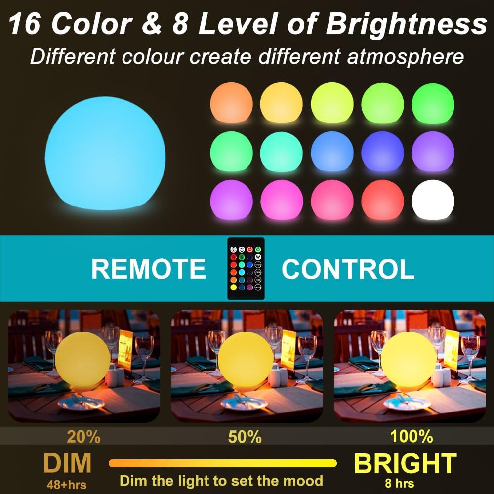 8-in Solar Globe Light Outdoor, Waterproof Solar Ball Light for Outside w/Remote, 16 RGB Color