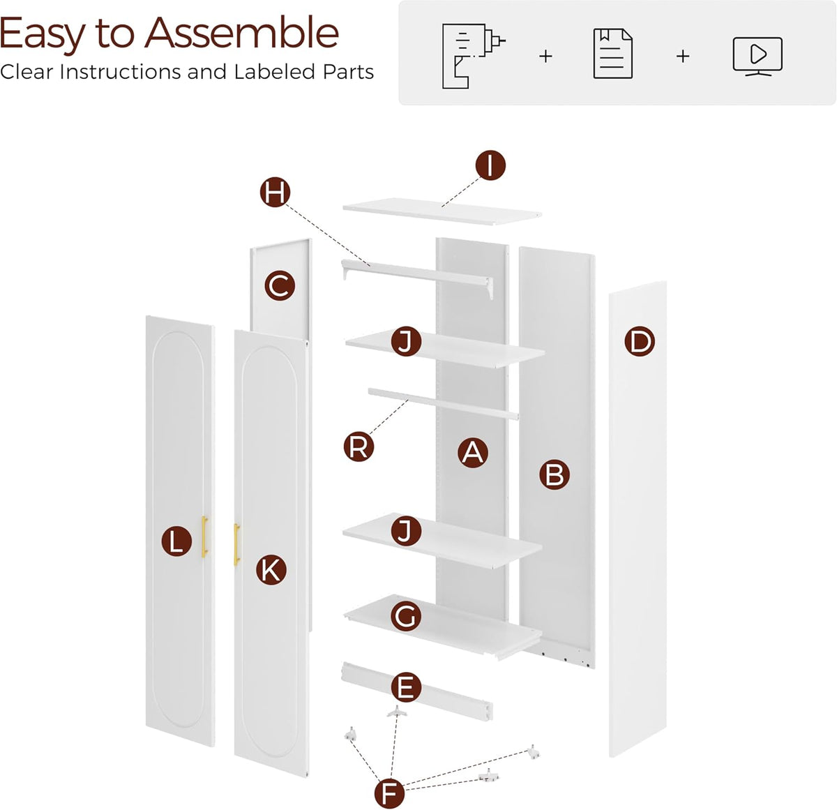 71" White Wardrobe Closet with 2 Doors, Metal Armoire Wardrobe Cabinet with Hanging Rod and