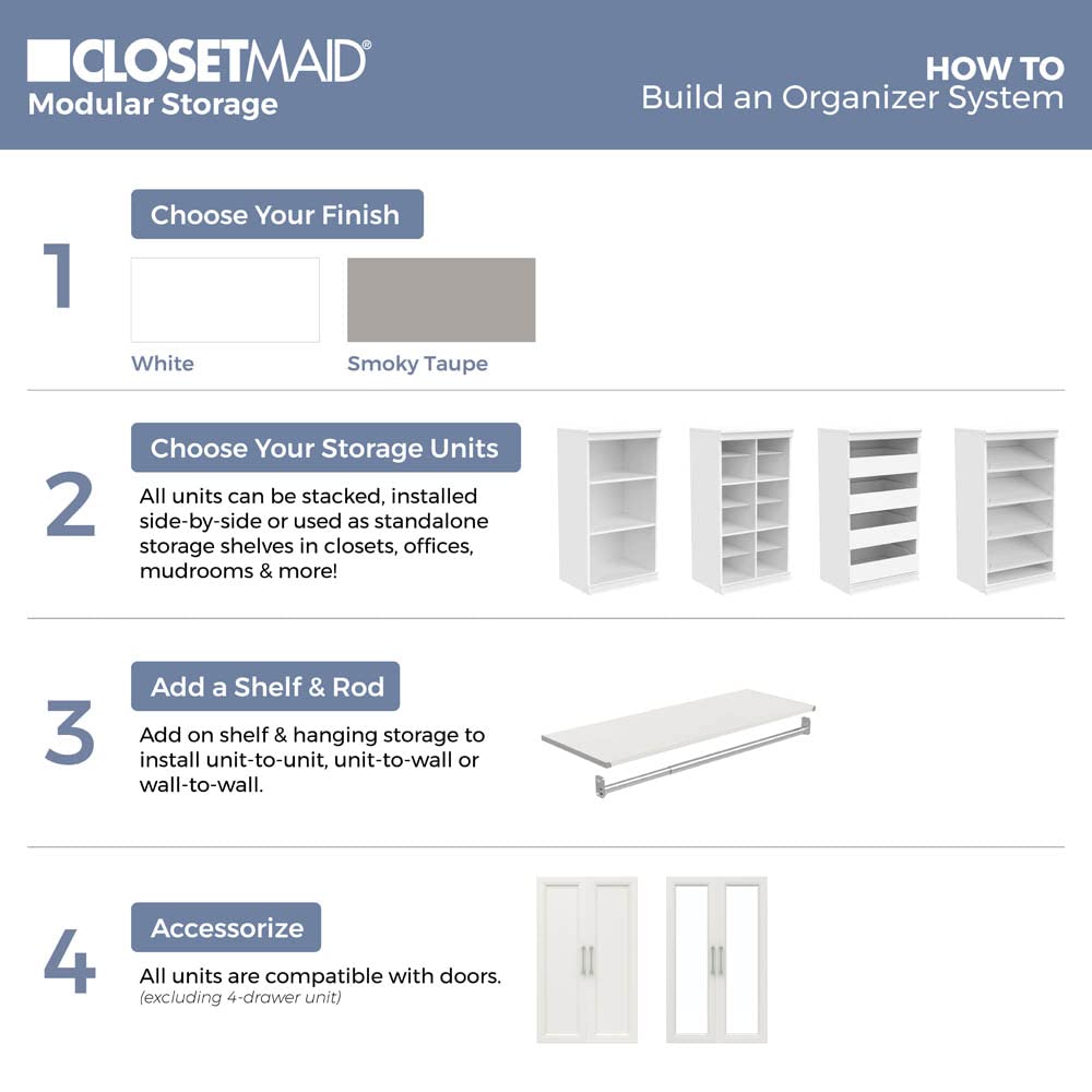 ClosetMaid Modular Storage Unit with 4 Drawers, Wood Closet Organizer, Stacking, Full Backer