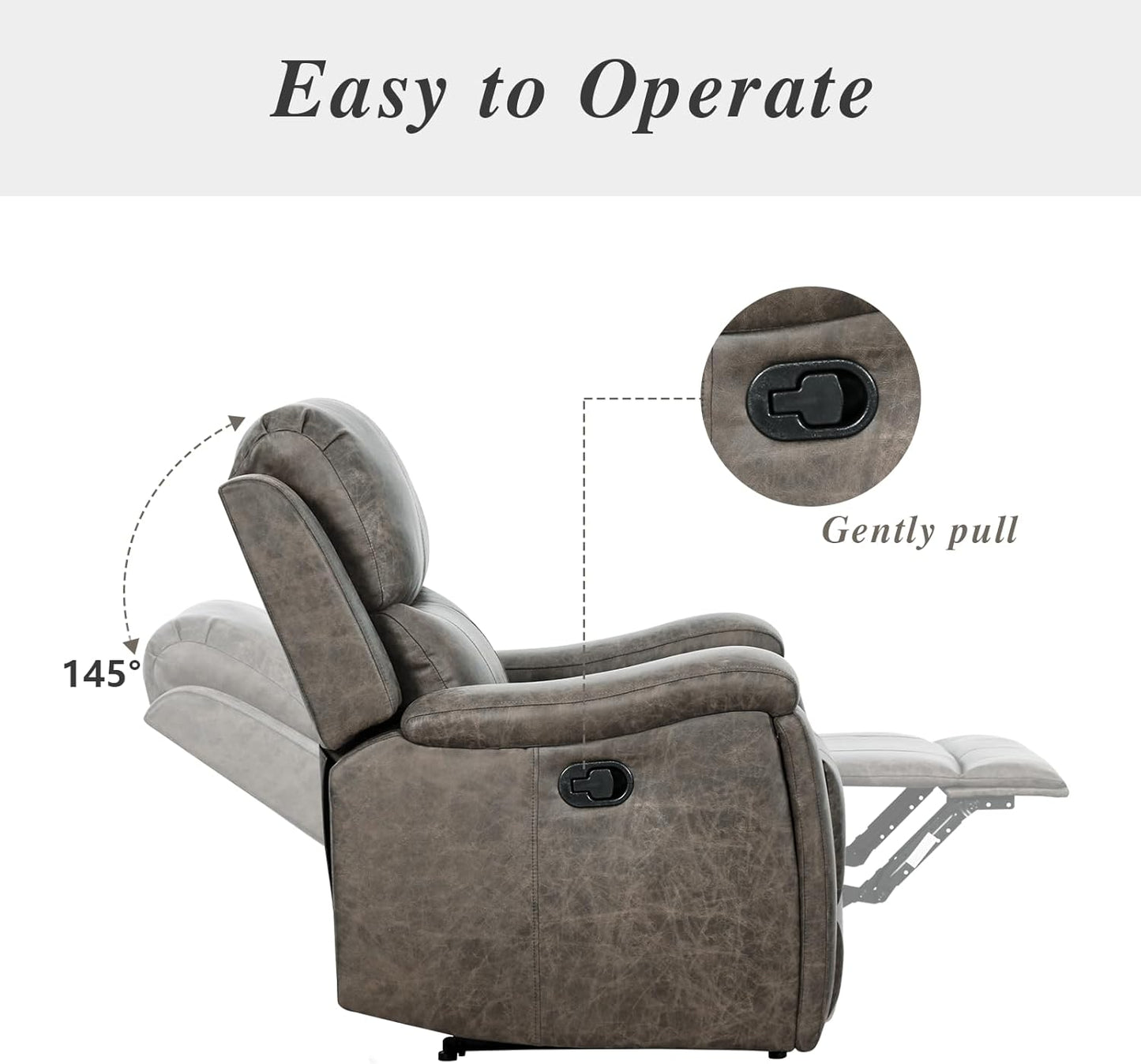 EBELLO Grey Recliner Chair, Single Overstuffed Sofa Recliners, Breathable Faux Leather Manual