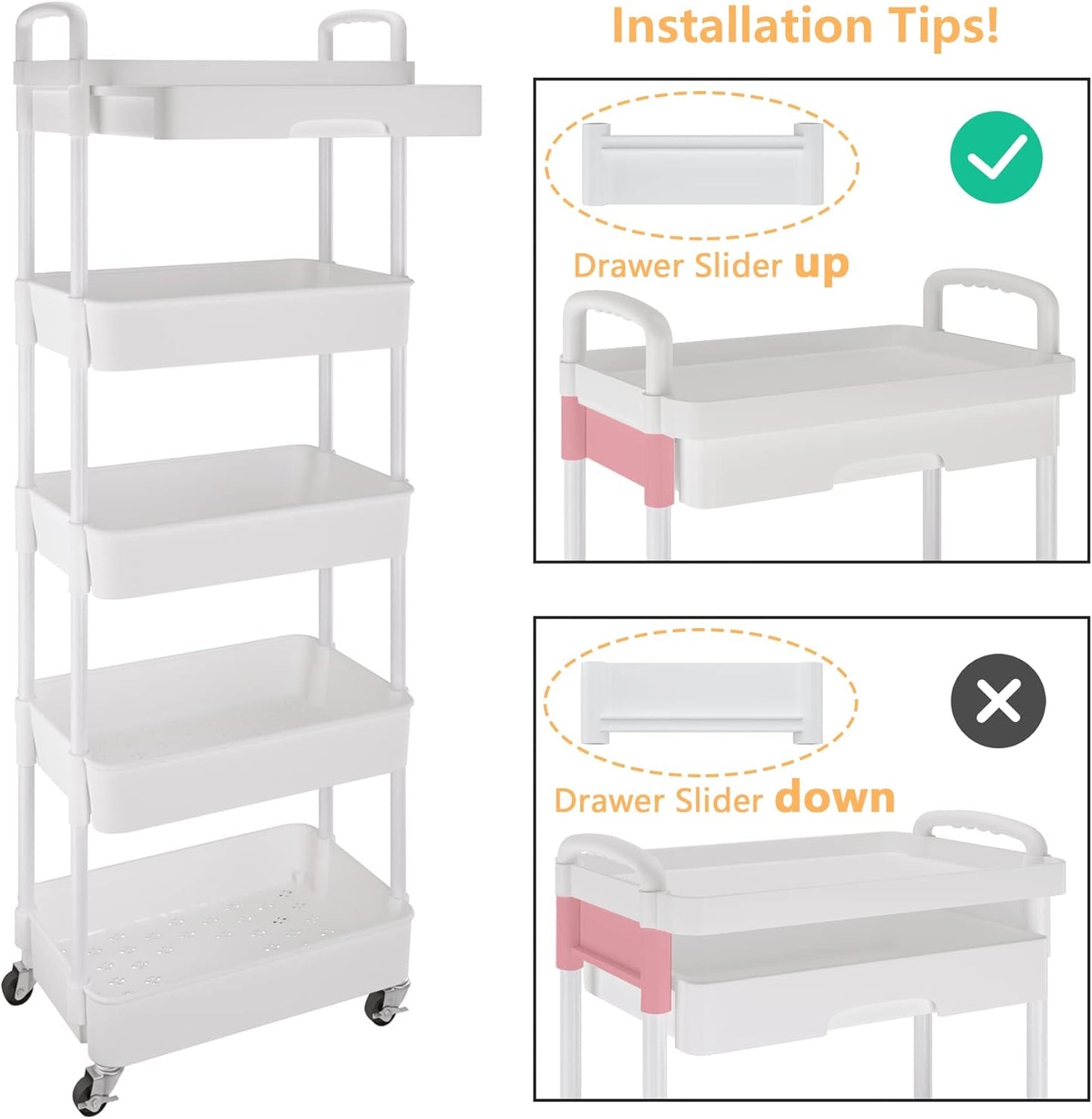 Calmootey 5-Tier Rolling Utility Cart with Drawer,Multifunctional Storage Organizer with Plastic