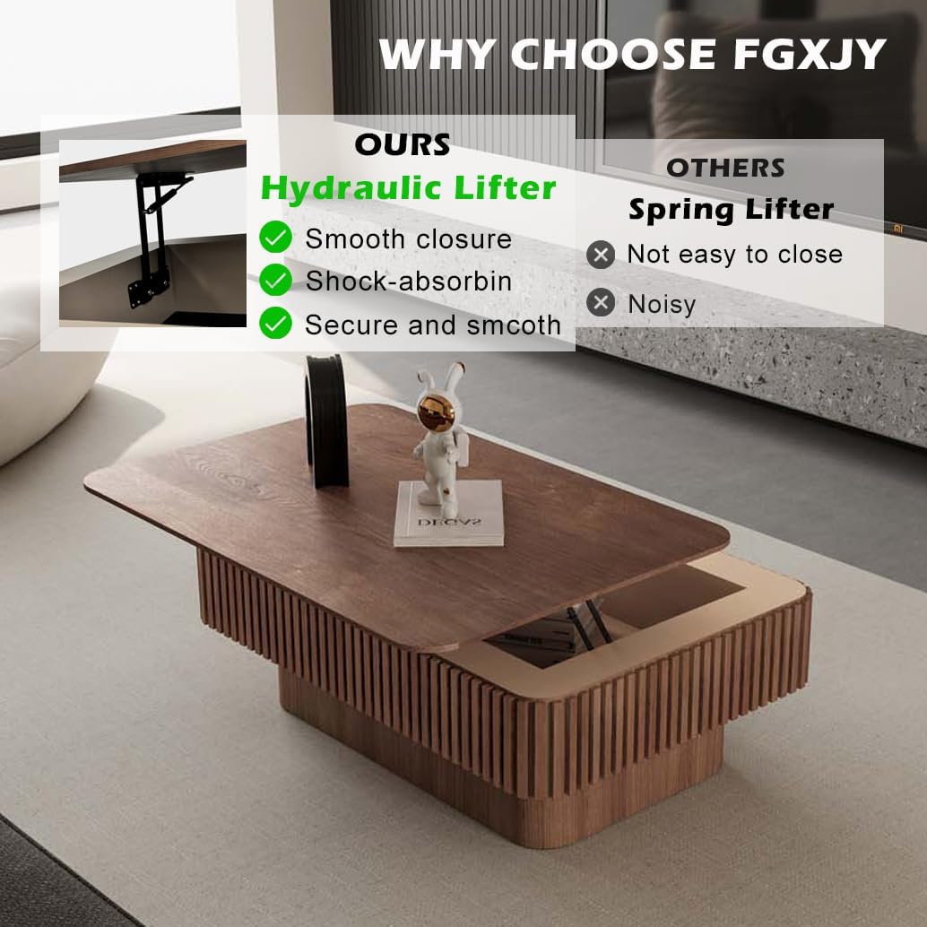 Lift Coffee Table with Storage & Adjustable Height, Solid Wood Coffee Table Fluted Center Table