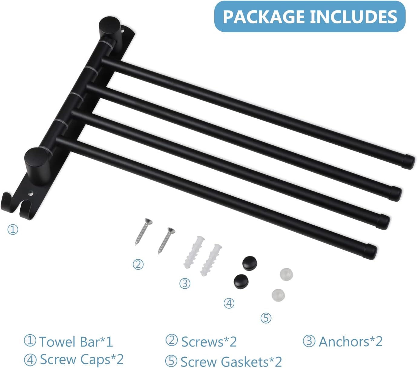 Black Towel Rack JSVER Swivel Towel Rack Wall Mounted, SUS304 Stainless Steel Towel Bar, 4 Arms