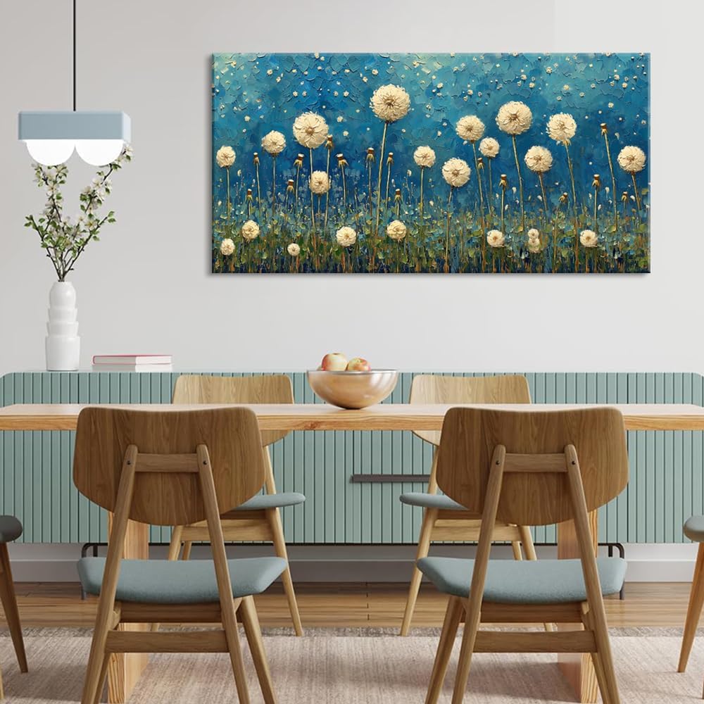 LASMOND Teal Dandelion Wall Art for Living Room Abstract Blowball Canvas Painting Prints Large