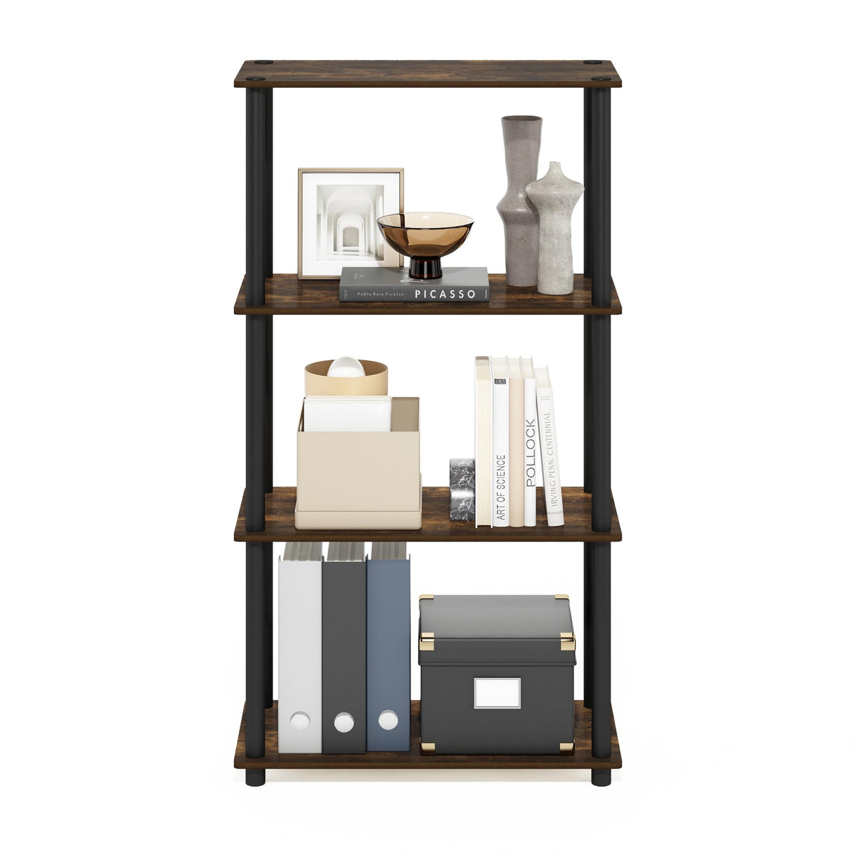 Furinno Turn-N-Tube Storage Shelves, 4-Tier Book Shelf, Corner Shelf, Toolless Open Shelves, for