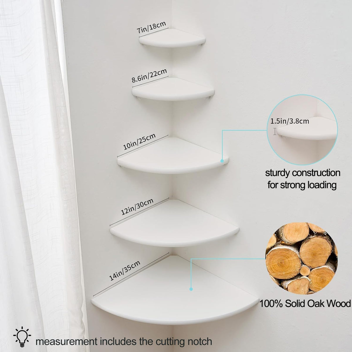 Corner Shelf, White Solid Oak Wood Floating Corner Shelves Wall Mount Round End Floating Speaker