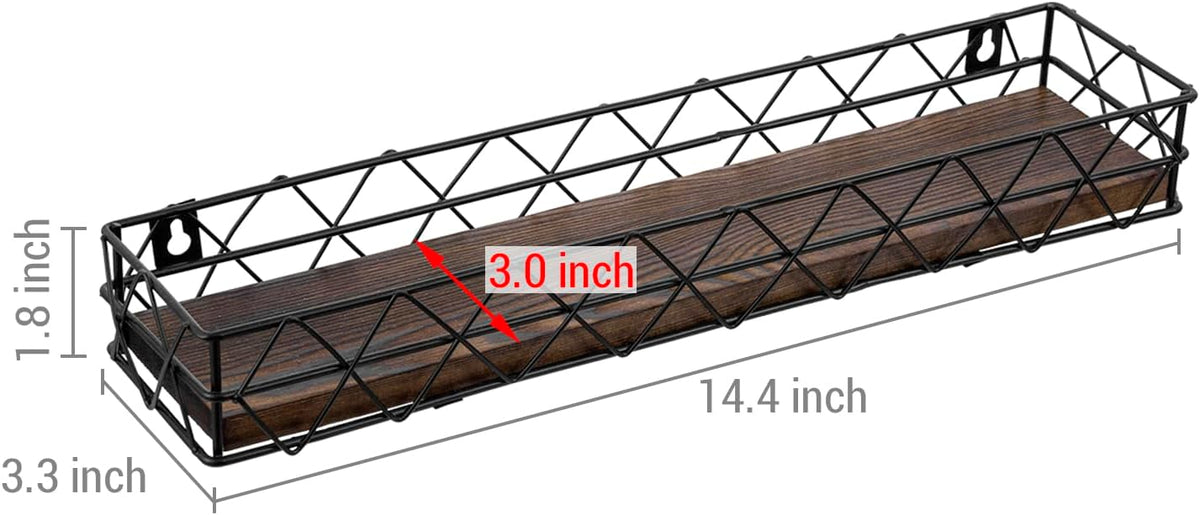 MyGift 14 Inch Wall Mounted Kitchen Spice Racks, Rustic Burnt Solid Wood and Black Metal Wire