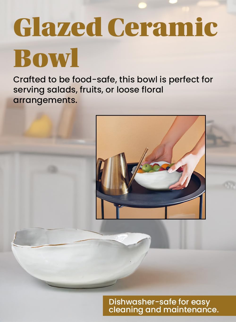 Serene Spaces Living Medium Free-Form Edge Glazed Ceramic Bowl – Stylish Fruit Bowl, Dinnerware