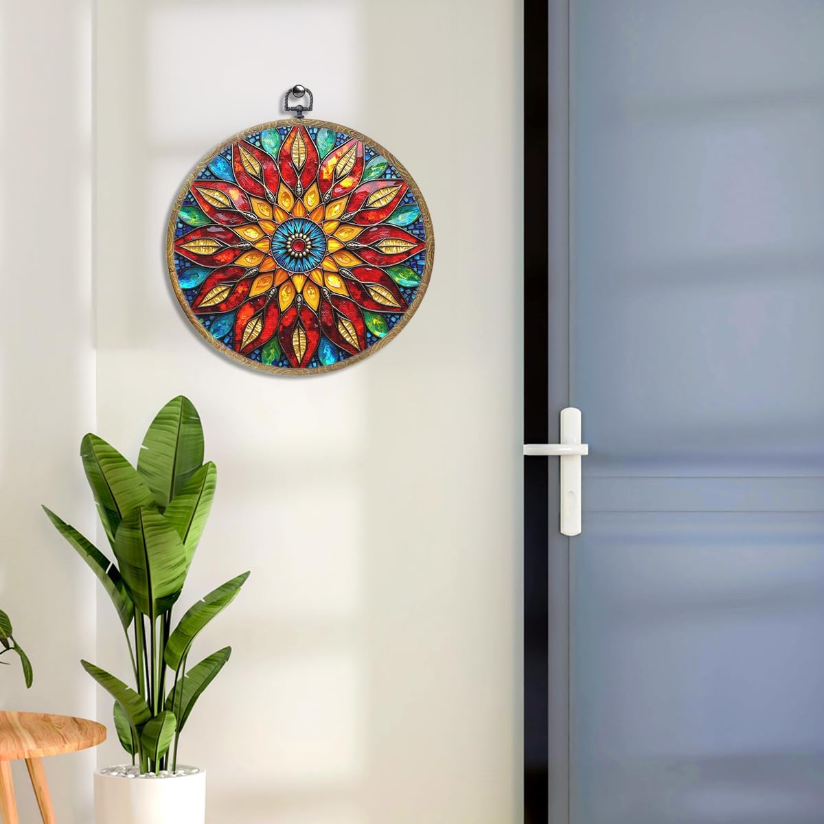 Colorful Geometric Mandala Framed Round Wall Decor Canvas Wall Art Hanging Prints Artwork for Home