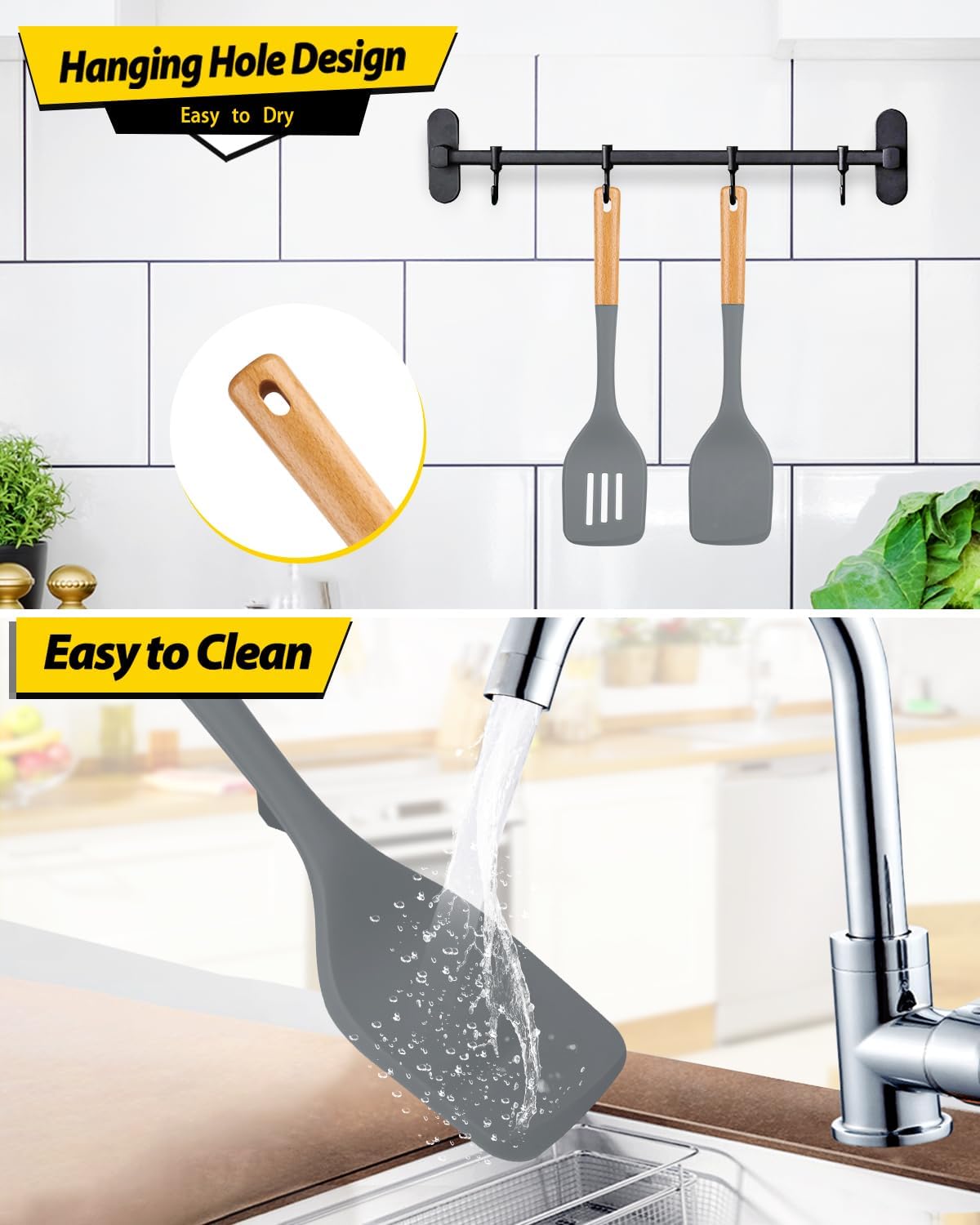 Pack of 2 Large Silicone Spatula, Heat Resistant Solid Turner, Non Stick Slotted Spatulas with