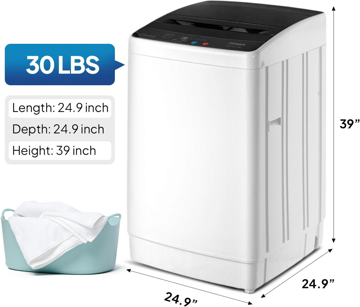 ROVSUN 30LBS Washing Machine, Full-Automatic Portable Washer with Stainless Steel Drum, Electric