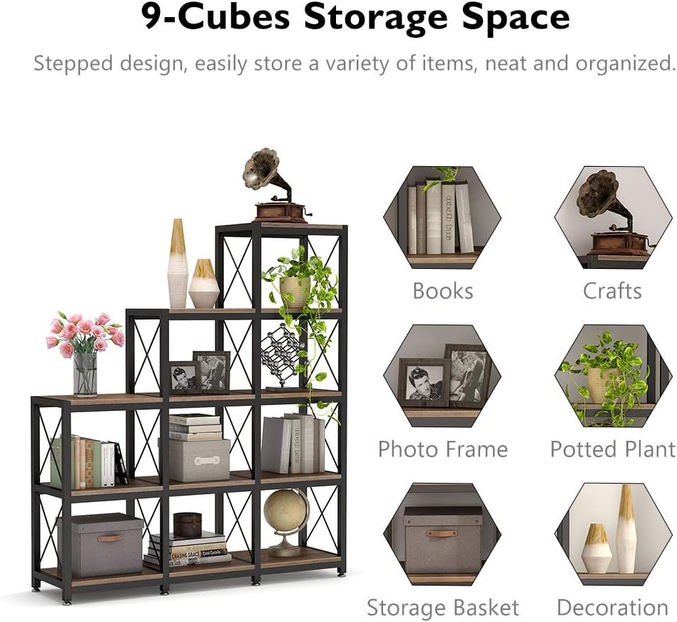 Tribesigns 12 Shelves Bookshelf, Industrial Ladder Corner Bookshelf 9 Cubes Stepped Etagere