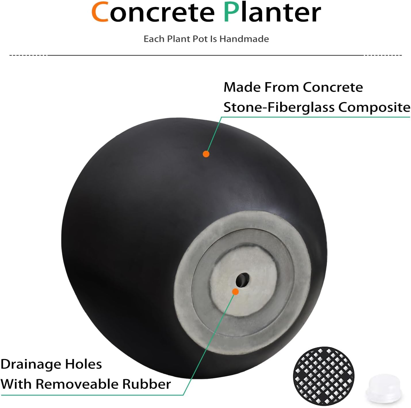 Ball Concrete Planter Outdoor Indoor, Large Tall Cement Plant Pots for Trees Flowers (Black, 16