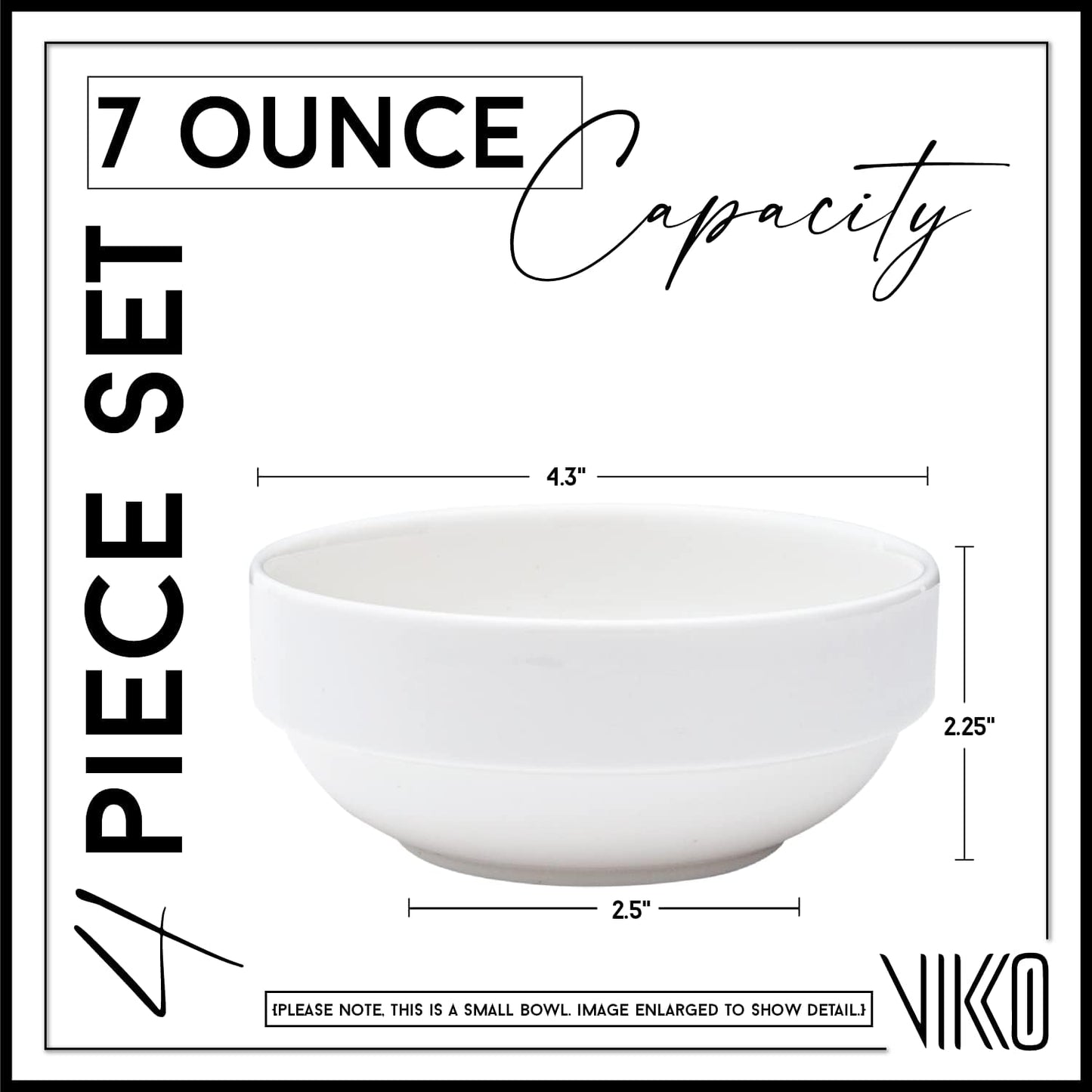 Vikko Small 7 Ounce White Bowl, Set of 4 White Dessert Bowls, Fine Porcelain, Stackable Small Snack