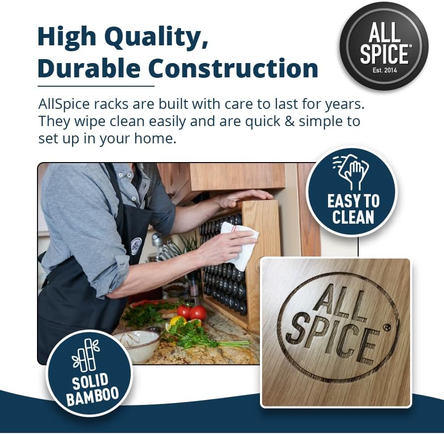 AllSpice Spice Rack Organizer, Wood, 525 Unique Labels, Countertop or Wall Mount, Includes 30 4oz