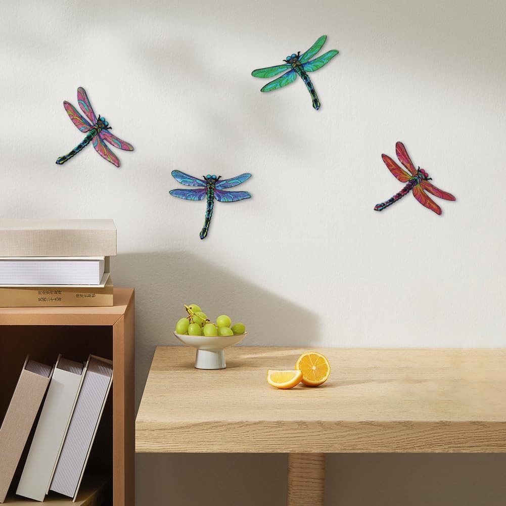 Metal Dragonfly Wall Decor Art, 4 Pack Colorful Metal Dragonflies Outdoor Wall Art, Hand Painted